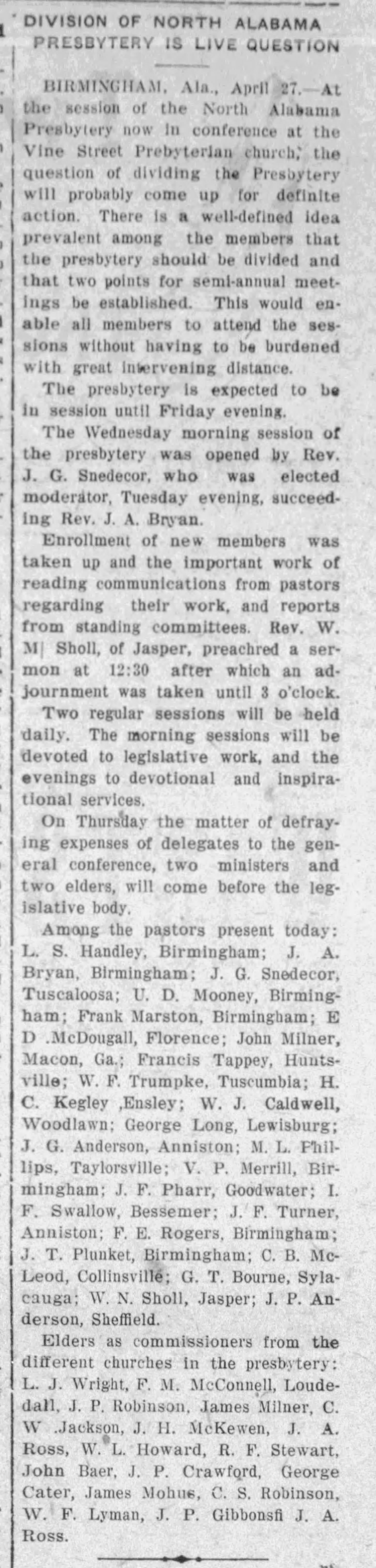 Division of North Alabama Presbytery Is Live Question